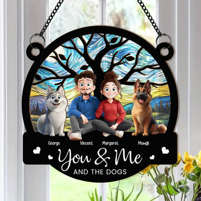 Cartoon Version You & Me And The Dogs - Personalized Window Hanging Suncatcher Ornament
