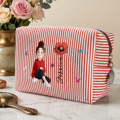 Custom Birth Flower, Name & Cute Character For Her - Personalized Makeup Bag