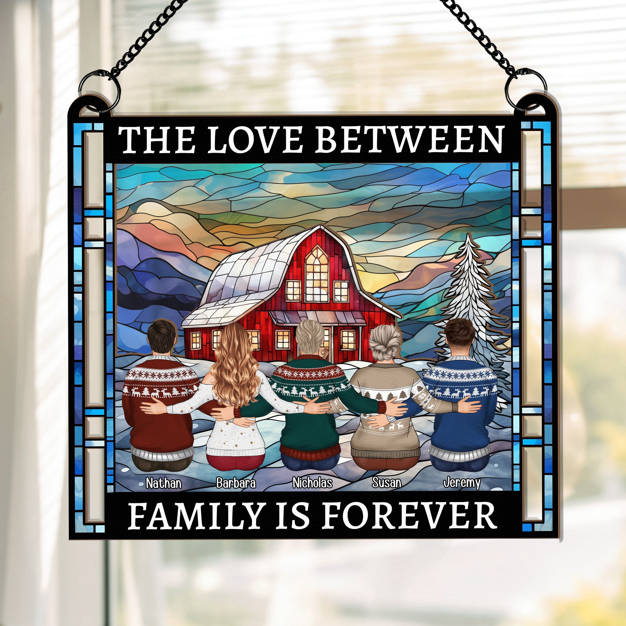 Family_-Friends-Sitting-Together-Christmas-Red-Barn-Personalized-Suncatcher-Window-Hanging-Ornament_2