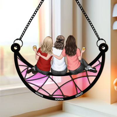 Friends, Sisters Sitting On The Moon - Personalized Window Hanging Suncatcher Ornament - Gifts For Women - Gift For Friend
