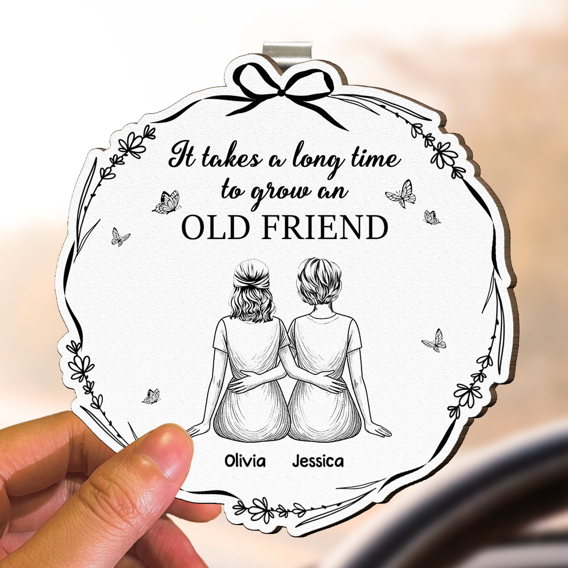 It-Takes-Long-Time-To-Grow-Old-Friends-Personalized-Wooden-Car-Visor-Clip-3