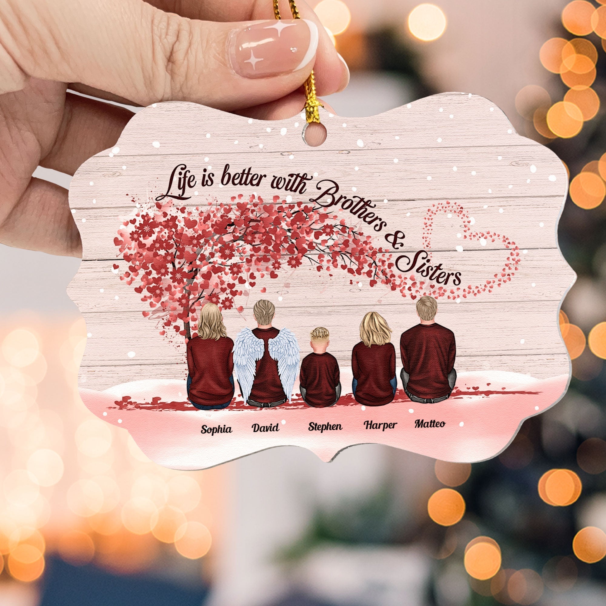 Life Is Better With Brothers & Sisters - Sitting Family - Red Tree - Personalized Aluminum Ornament - Christmas, New Year Gift For Family, Sisters, Brothers, Siblings