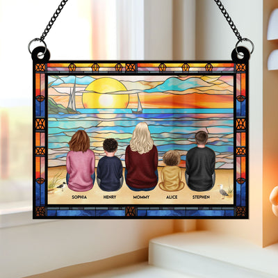 Mom & Children Sitting On The Beach - Personalized Window Hanging Suncatcher Ornament