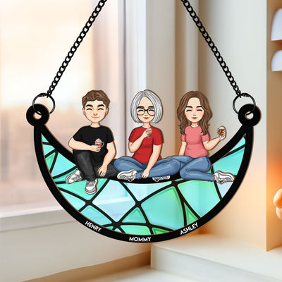 Mom & Children Sitting On The Moon - Personalized Window Hanging Suncatcher Ornament