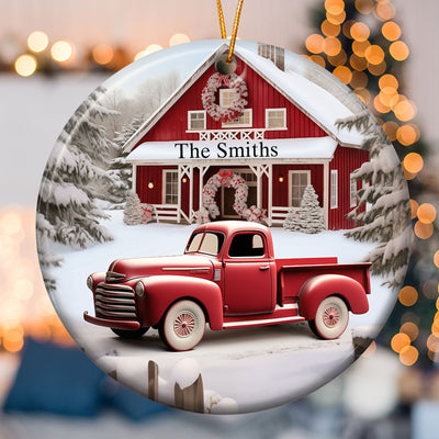Red Barn, Red Truck Christmas - Personalized Ceramic Ornament